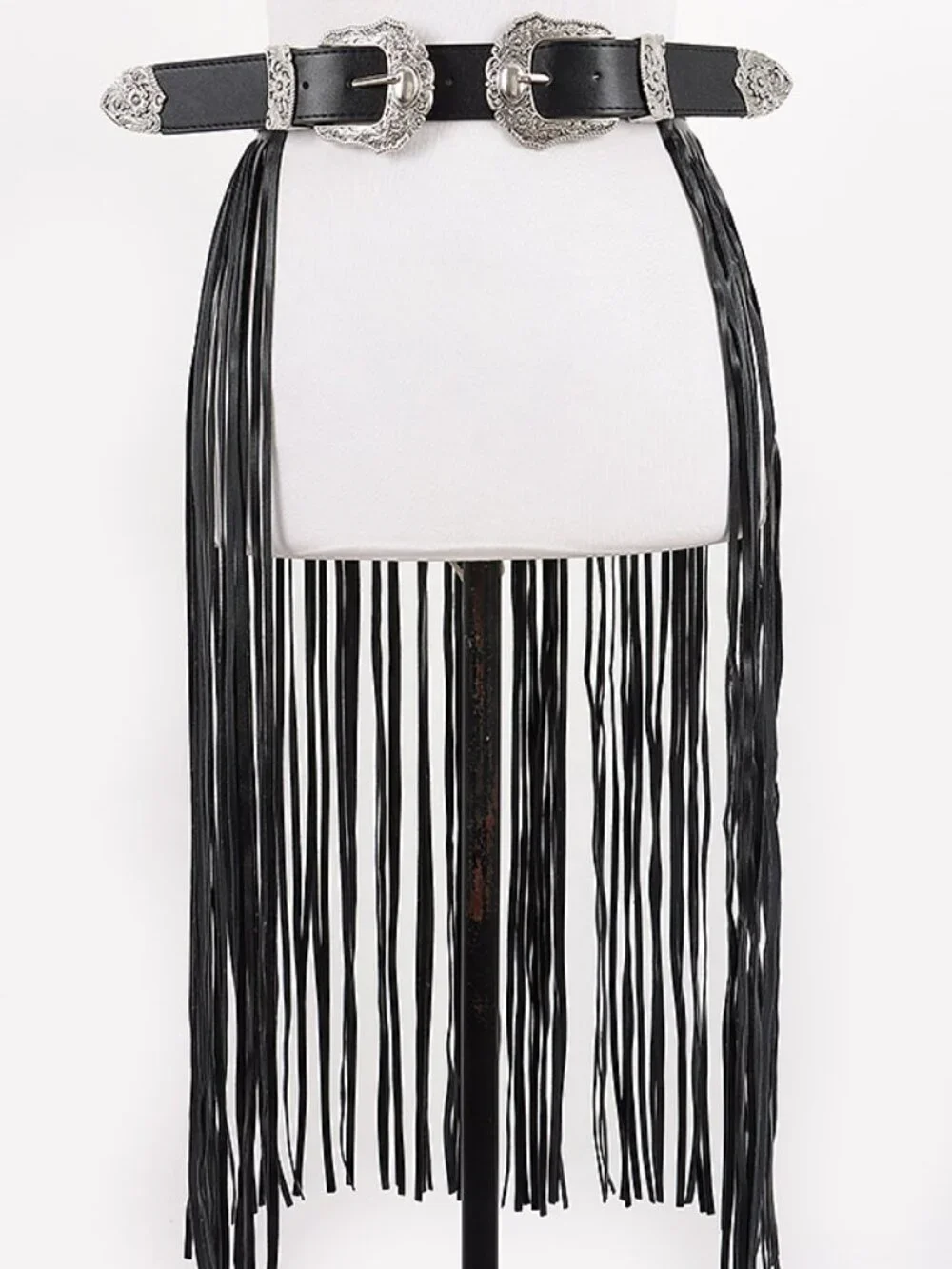 BNWT Boho Double Buckle Western Slash Faux Leather Long Fringe Belt